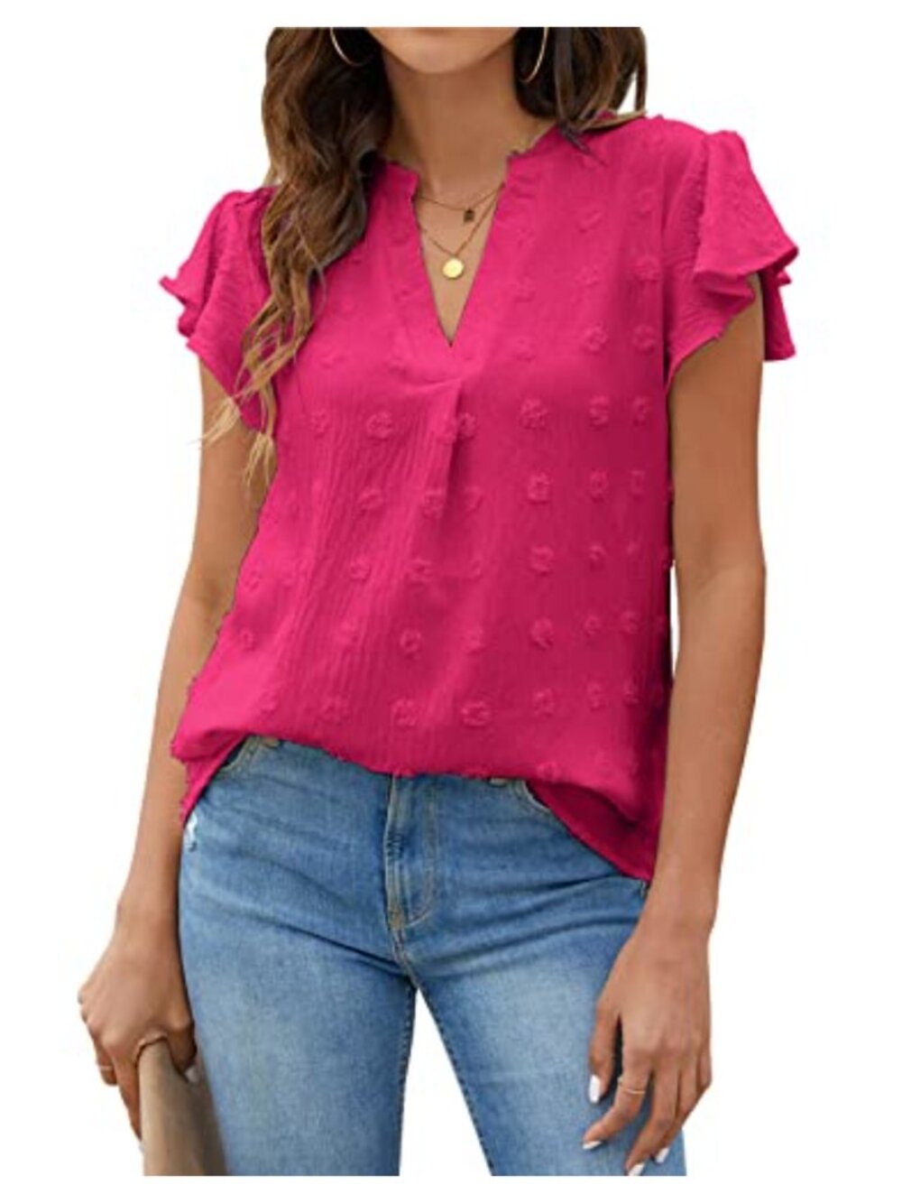 Women's Chiffon V-Neck Ruffle Sleeve Blouse, Swiss Dot Flowy Business Casual Top
